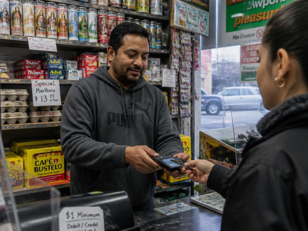 Small business owner processing a card payment at the counter of his urban bodega