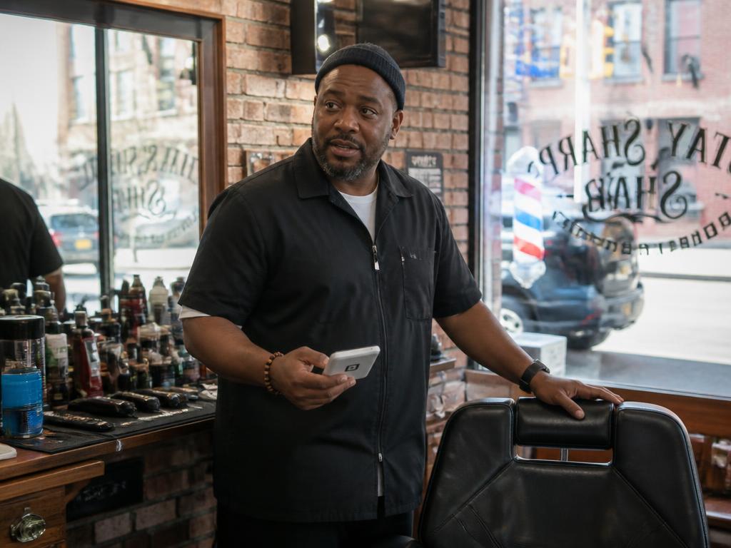 Barbershop owner processing a payment in his urban shop